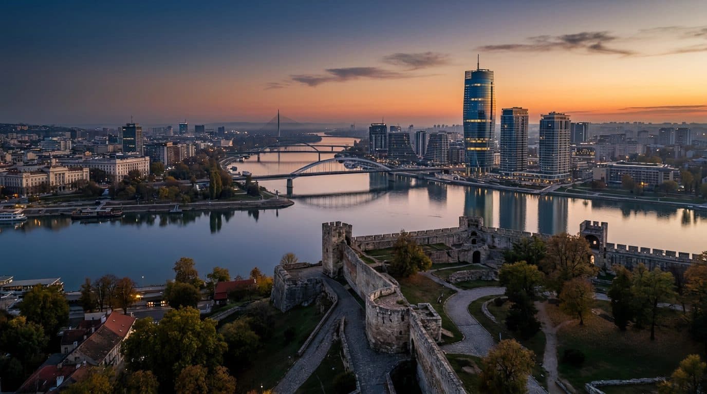 Belgrade skyline at the confluence of Danube and Sava rivers — Belgrade Waterfront luxury corridor