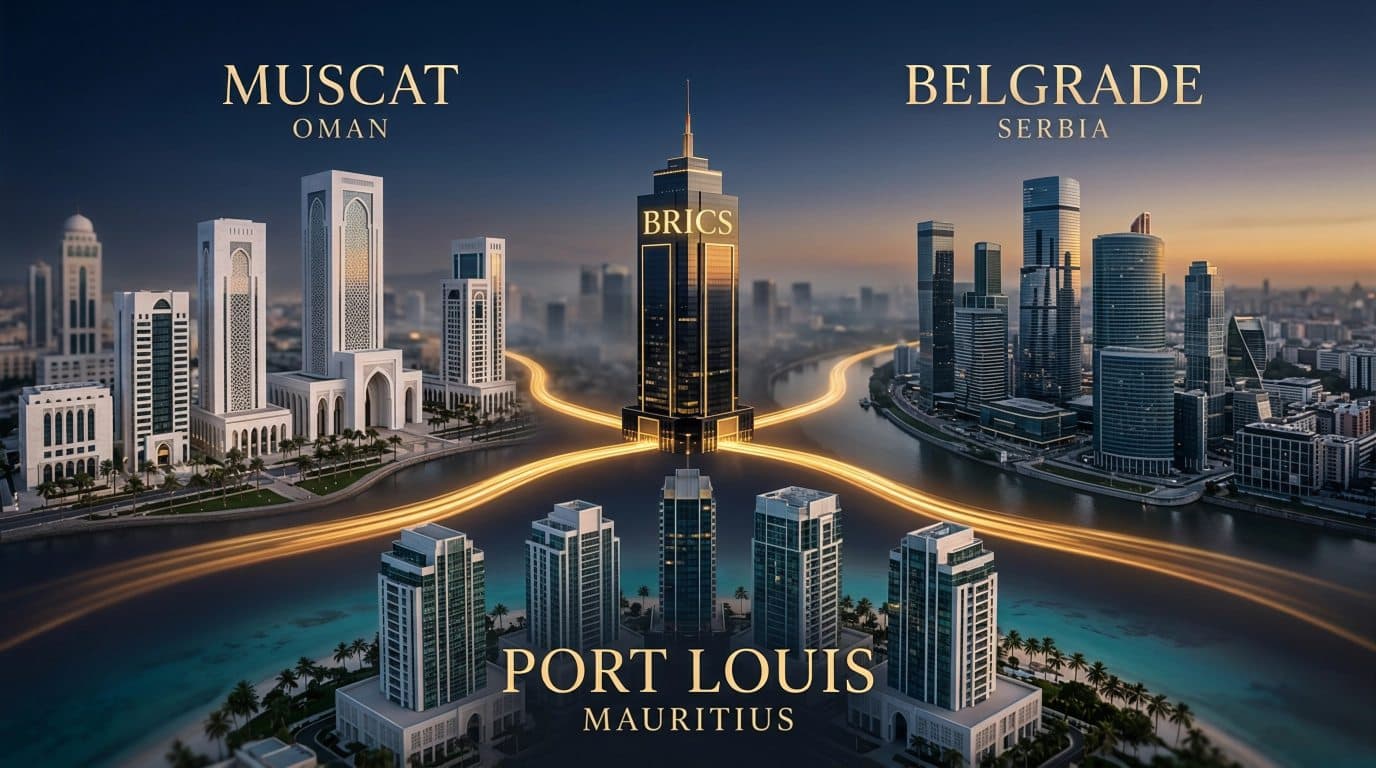 Three modern skyscraper clusters representing Muscat, Belgrade, and Port Louis converging toward a central BRICS tower