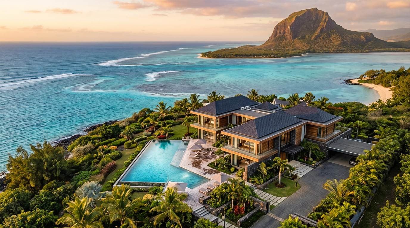 Luxury PDS-scheme villa in Mauritius with infinity pool overlooking turquoise Indian Ocean lagoon