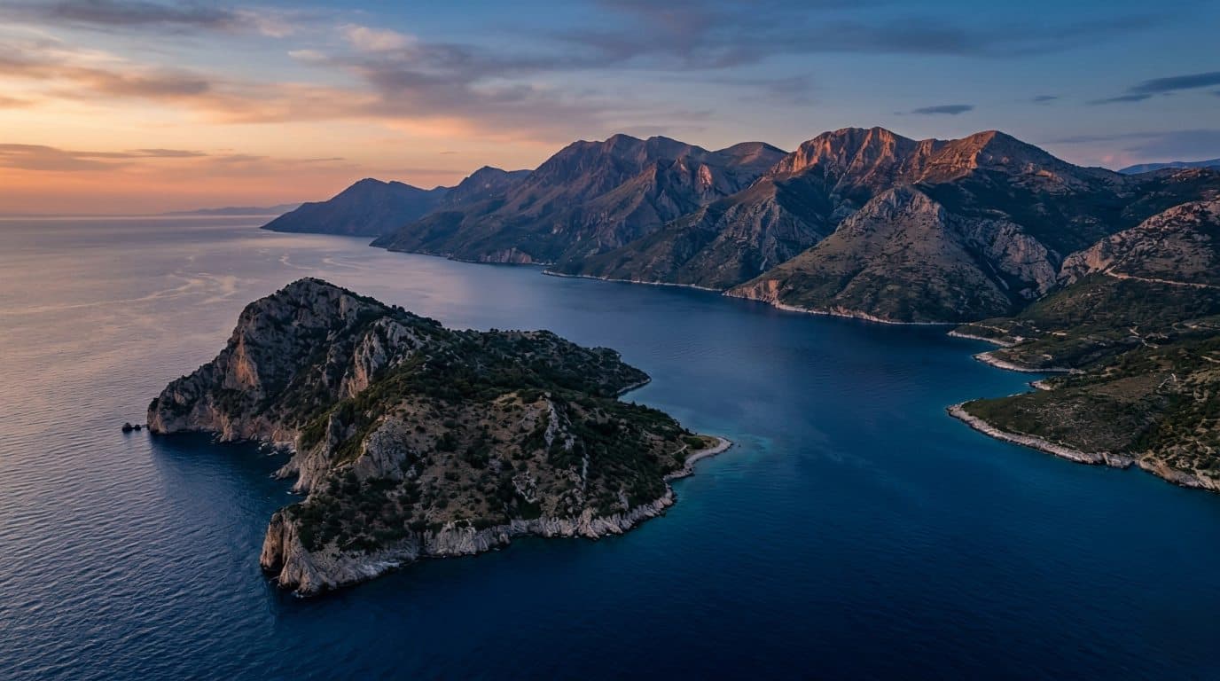 Aerial view of the Albanian Riviera coastline at golden hour