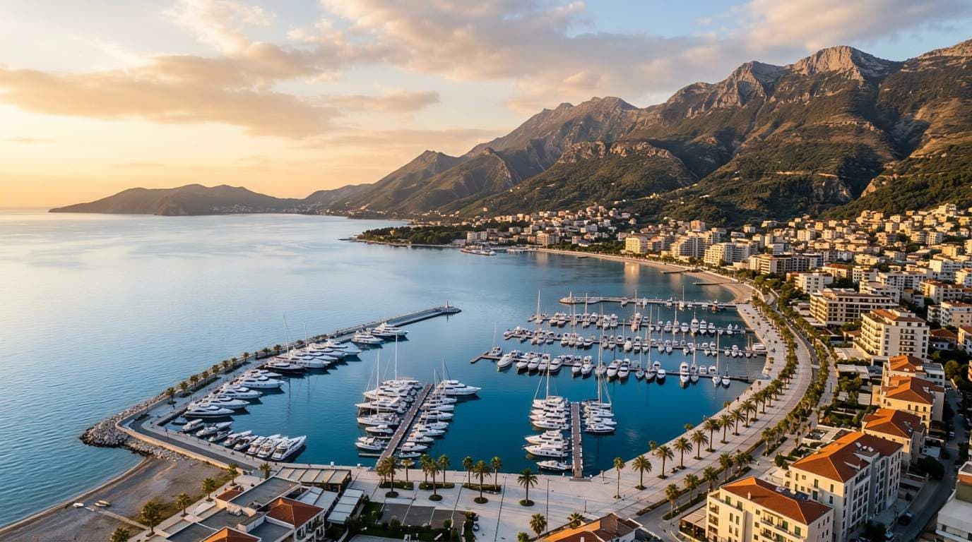 Vlora coastline panorama with marina and Mediterranean infrastructure