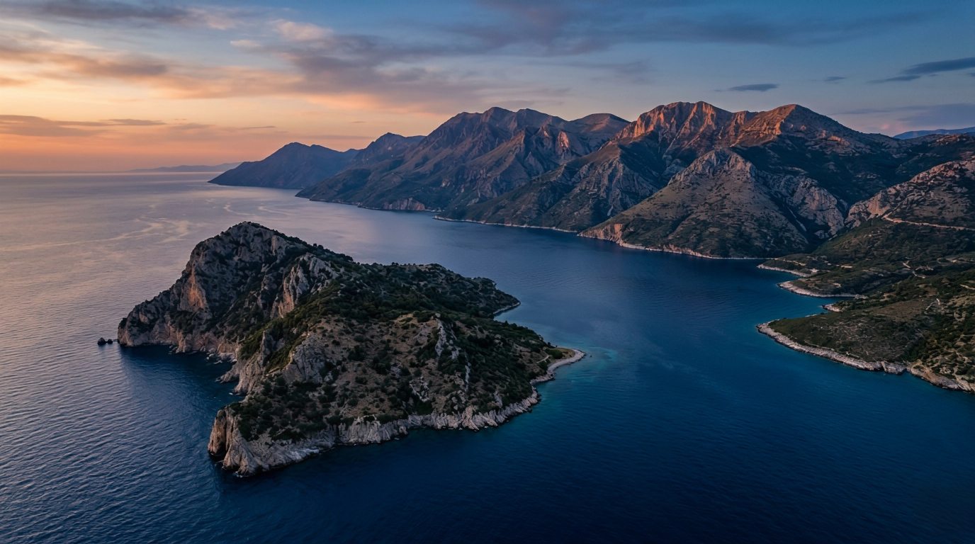 Aerial view of the Albanian Riviera coastline at golden hour